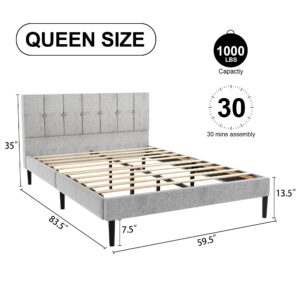 Sismplly Queen Size Platform Bed Frame with Upholstered Headboard, Modern Bed with Wooden Slat, No Box Spring Needed, Easy Assembly, Mattress Foundation, Light Grey