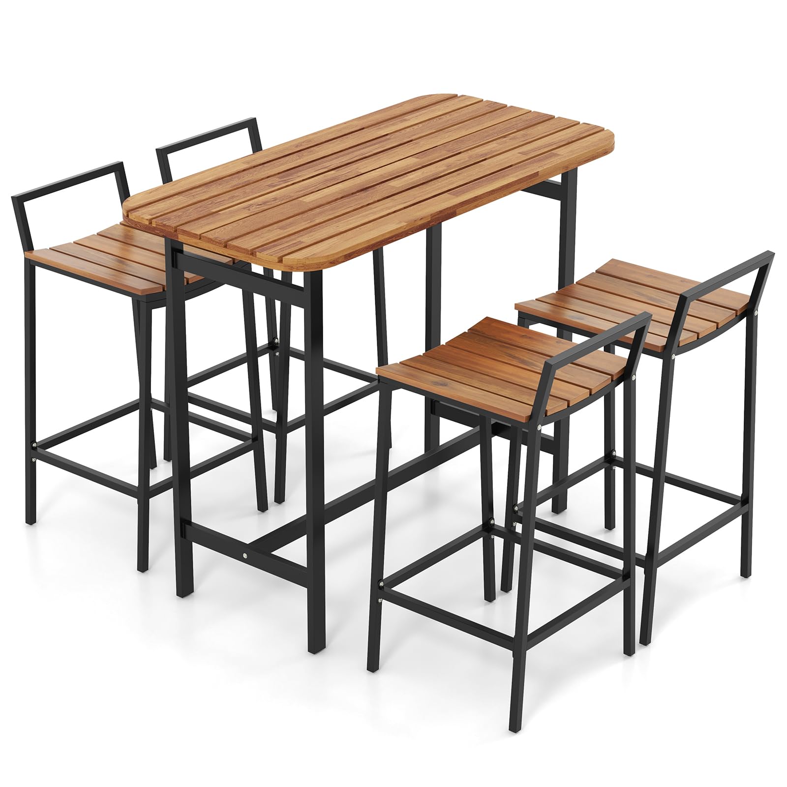 Tangkula 5 Piece Acacia Wood Bar Table Set, Outdoor Bar Height Table & Chairs with Metal Frame & Footrest, Patio Bar Table Set for 4, Patio Furniture Bistro Set for Deck, Garden & Poolside