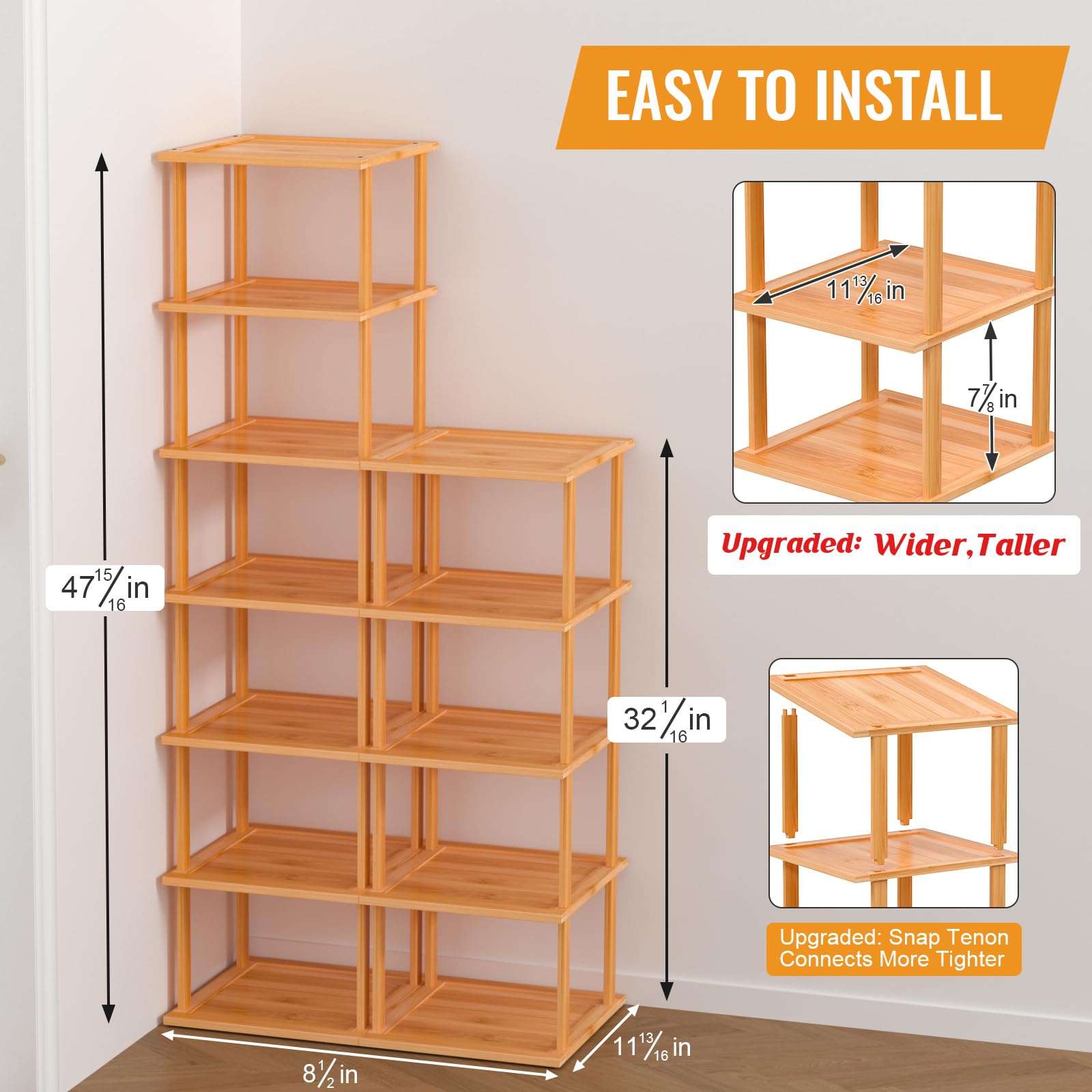 MHXW SXPN Bamboo Free Standing Shoe Rack Shelf, 7 Tier Tall Wooden Stackable Shoes Rack Organizer for Closet, Front Door Entrance, Narrow Vertical Shoe Storage Rack for Entryway (Nature, 12-Tier)