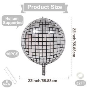 10 Pieces 22 Inches Large Silver Disco Ball Balloons - Large 4D Round Foil Mylar Mirror Balloons for Retro 70s Disco Dance Decorations Birthday Wedding Graduation Party Supplies