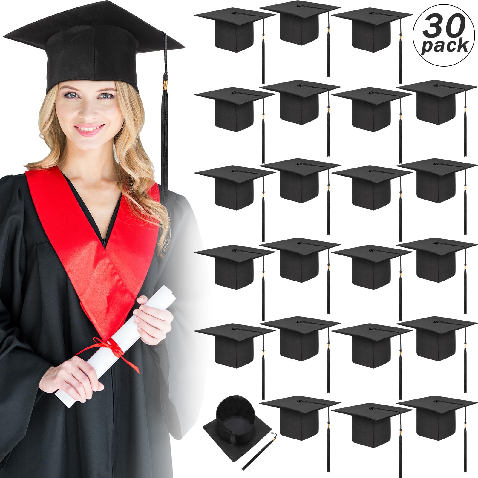 Panitay 30 Pcs Black Graduation Cap Bulk 2024 Adult Graduation Hat with Tassel Adjustable Man Women Graduation Hat for Bachelor Master School College High School Ceremony Costume Accessory