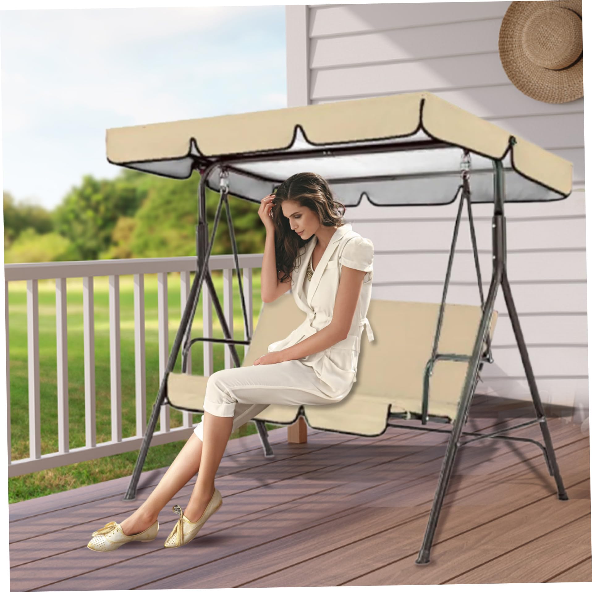 Patio Swing Parts, Swing Canopy Replacement with Seat Cover 2Pcs/Set Waterproof Outdoor Swing Canopy UV Protection Oxford Cloth Porch Swing Canopy Replacement, Beige