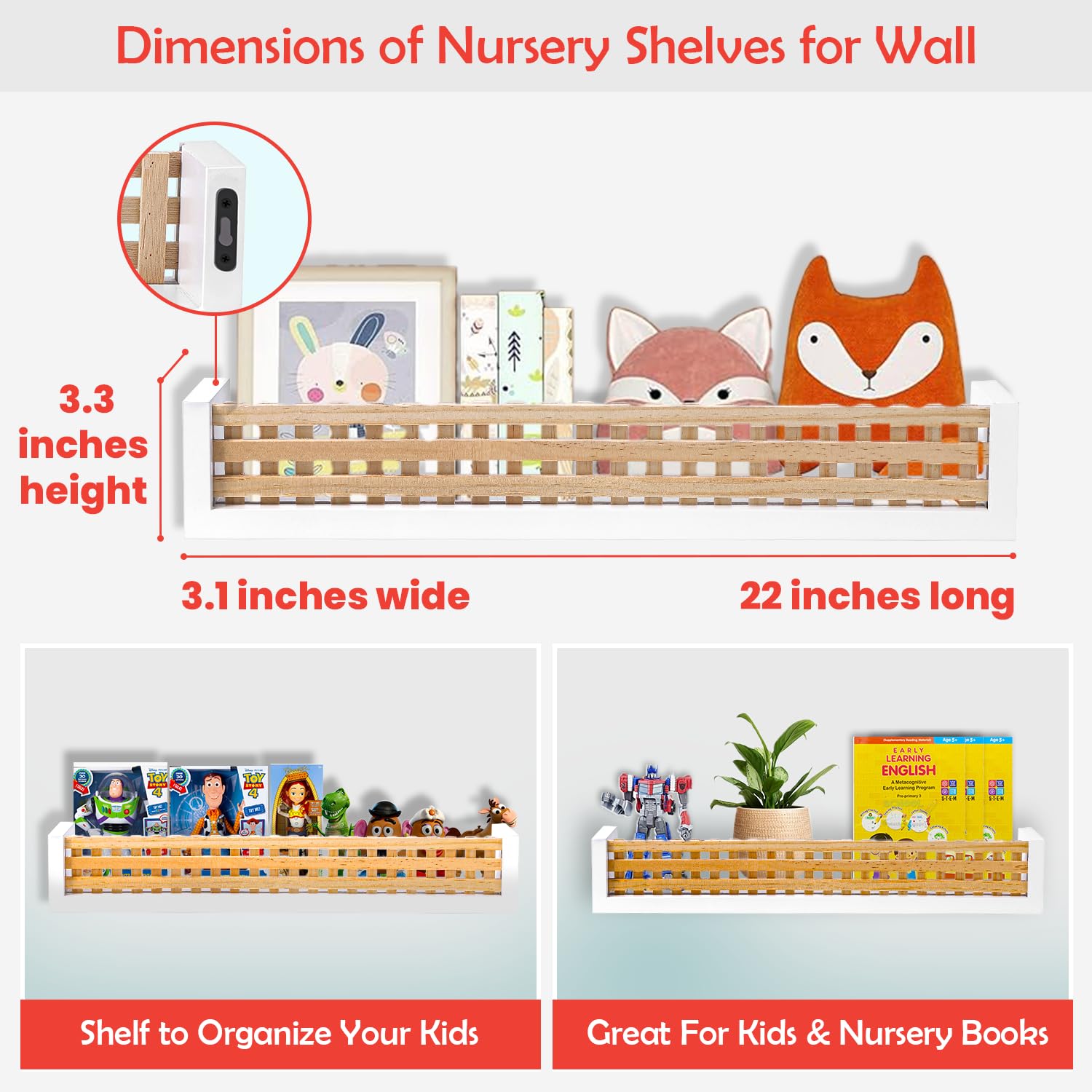 ROKABYE Kids Bookshelf for Wall - 22 Inches Nursery Bookshelf for Kids Books and Toys - Nursery Shelves for Wall - Kids Wall Bookshelf