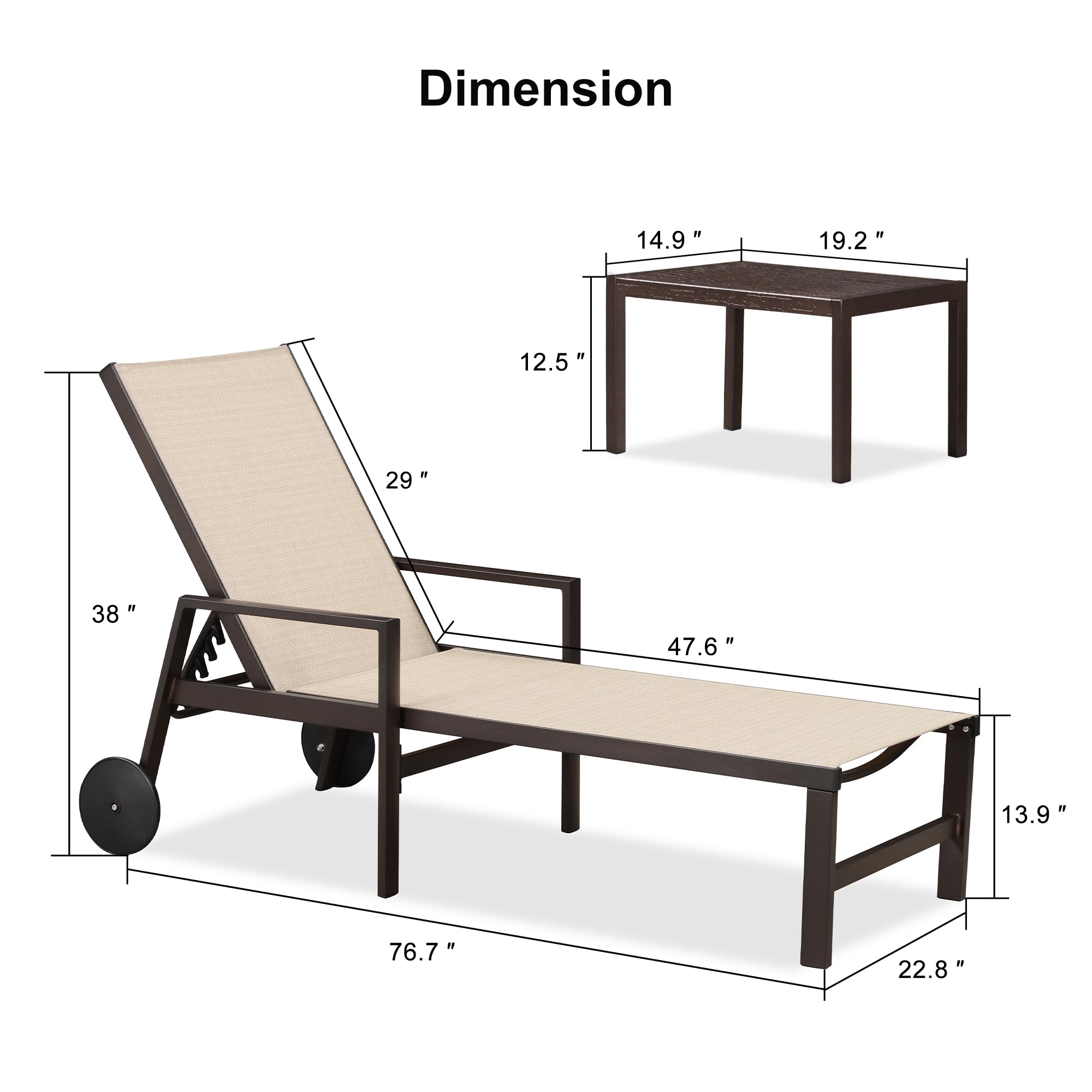 PURPLE LEAF Pool Lounge Chairs Set of 3 Aluminum Outdoor Lounge Chairs with Wheels and Armrests Adjustable Patio Lounge Chairs for Deck Outside Lawn Garden, Cream