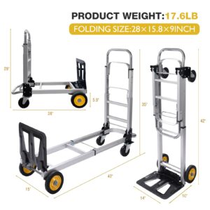 Oyoest Aluminium Folding Hand Truck Heavy Duty 440lbs Capacity 2 in 1 Convertible Hand Truck Dolly with Pneumatic Wheels and Telescoping Handles, Portable Dolly Cart with Bungee Cords for Moving