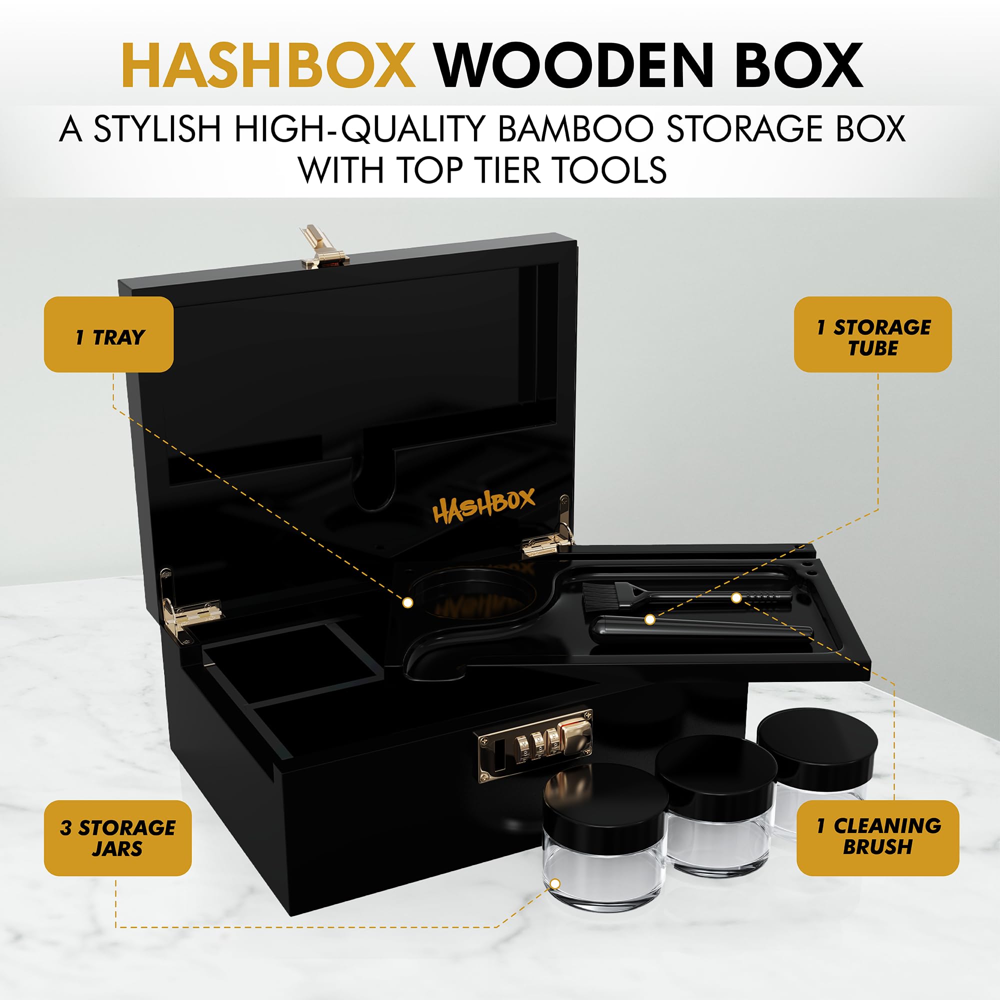 HASHBOX Storage Box - Large Bamboo Box with Rolling Tray and Combination Lock - Wooden Box for Herbs and Accessories