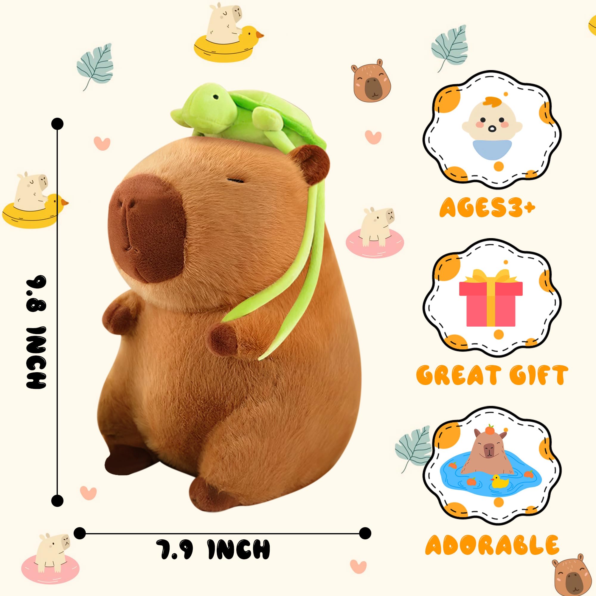 redaica 9.8in Capybara Plush Cute Capybara Stuffed Animals with Turtle Backpack, Kawaii Capibara Plushie Toys for Kids, Rodents Animals Pet Doll Soft Hugging Pillow for Boys Girls Birthday Gift