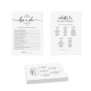 2 bridal shower games, what's in your purse game & who knows bride best -set of 30, double sided printed minimalist bridal shower cards, wedding party game cards for guests, bridal shower ideas-hlyx07