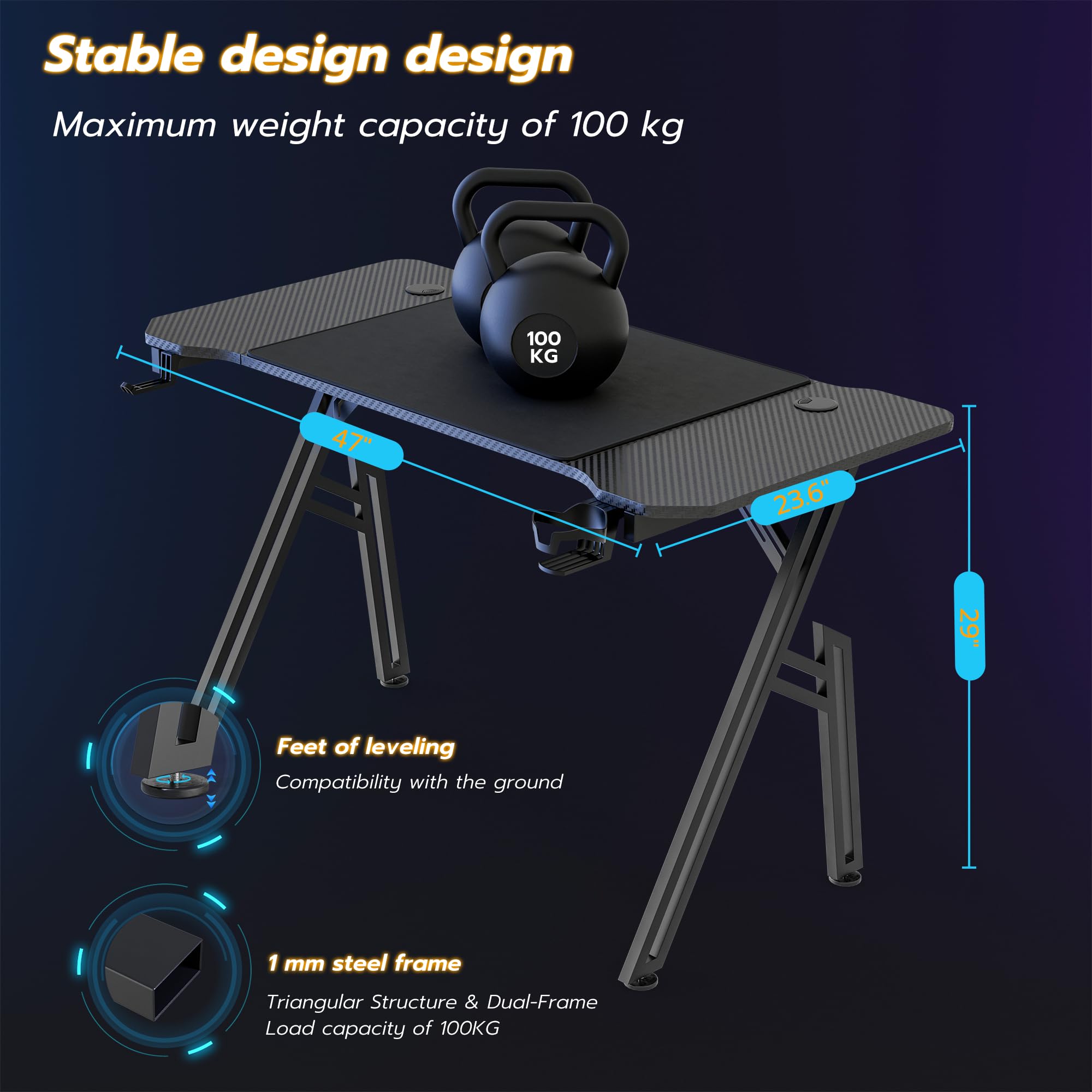 WEMUZVIU 47 Inch Gaming Desk, Ergonomic Carbon Fiber Surface Computer Table, A-Shaped PC Gamer Workstation with Cup Holder & Headphone Hook, Home Office Desk (ZK-A, 47 INCH)