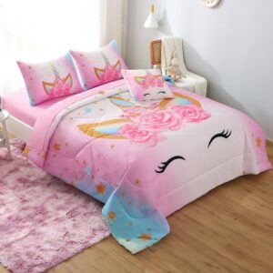 keyroal 6pcs queen comforter set with sheet,unicorn flower bedding set for kids,pink rainbow bed in a bag bedding for girls-smile unicorn