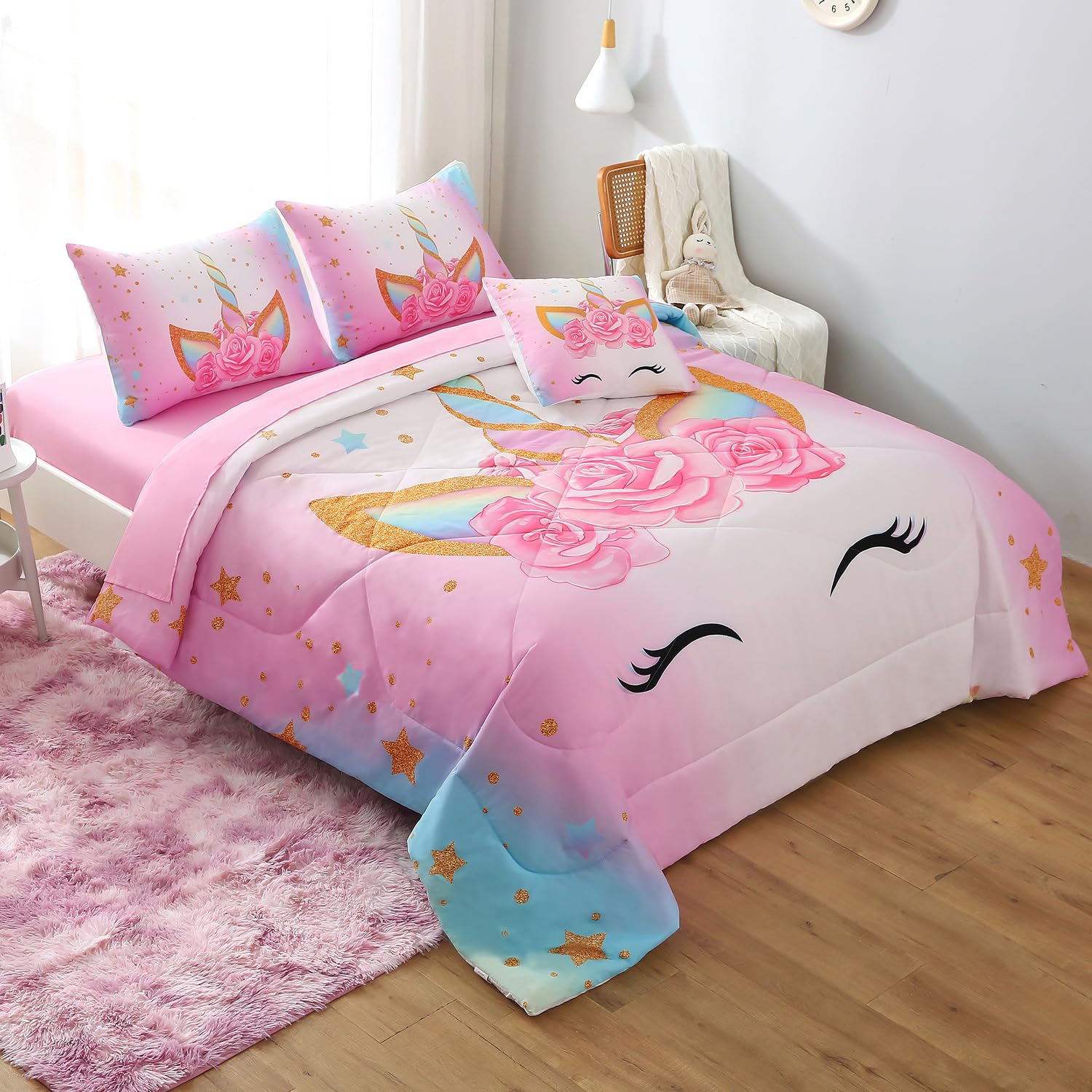 Keyroal 6Pcs Queen Comforter Set with Sheet,Unicorn Flower Bedding Set for Kids,Pink Rainbow Bed in a Bag Bedding for Girls-Smile Unicorn