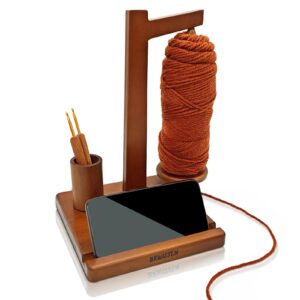 brwissen wooden yarn holder for crocheting and knitting with phone stand, crochet hook storage, and magnetic yarn ball holder spinner - ideal gift for crochet lovers-walnut color