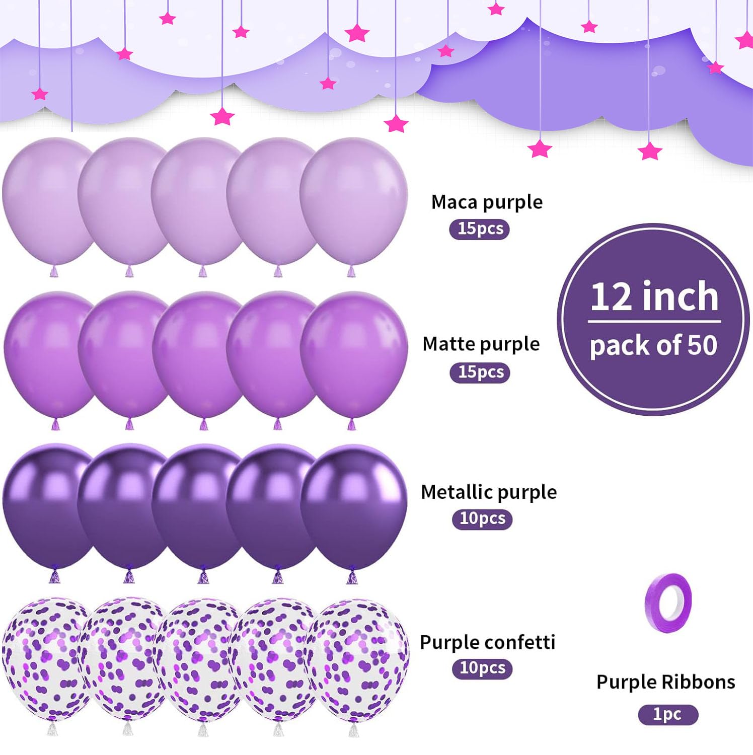 YMSZ Purple Balloons, 50pcs 12 inch Purple Confetti Balloons Kit, Metallic Purple Latex Balloons for Birthday, Bridal Shower,Wedding, Graduation Party Decorations