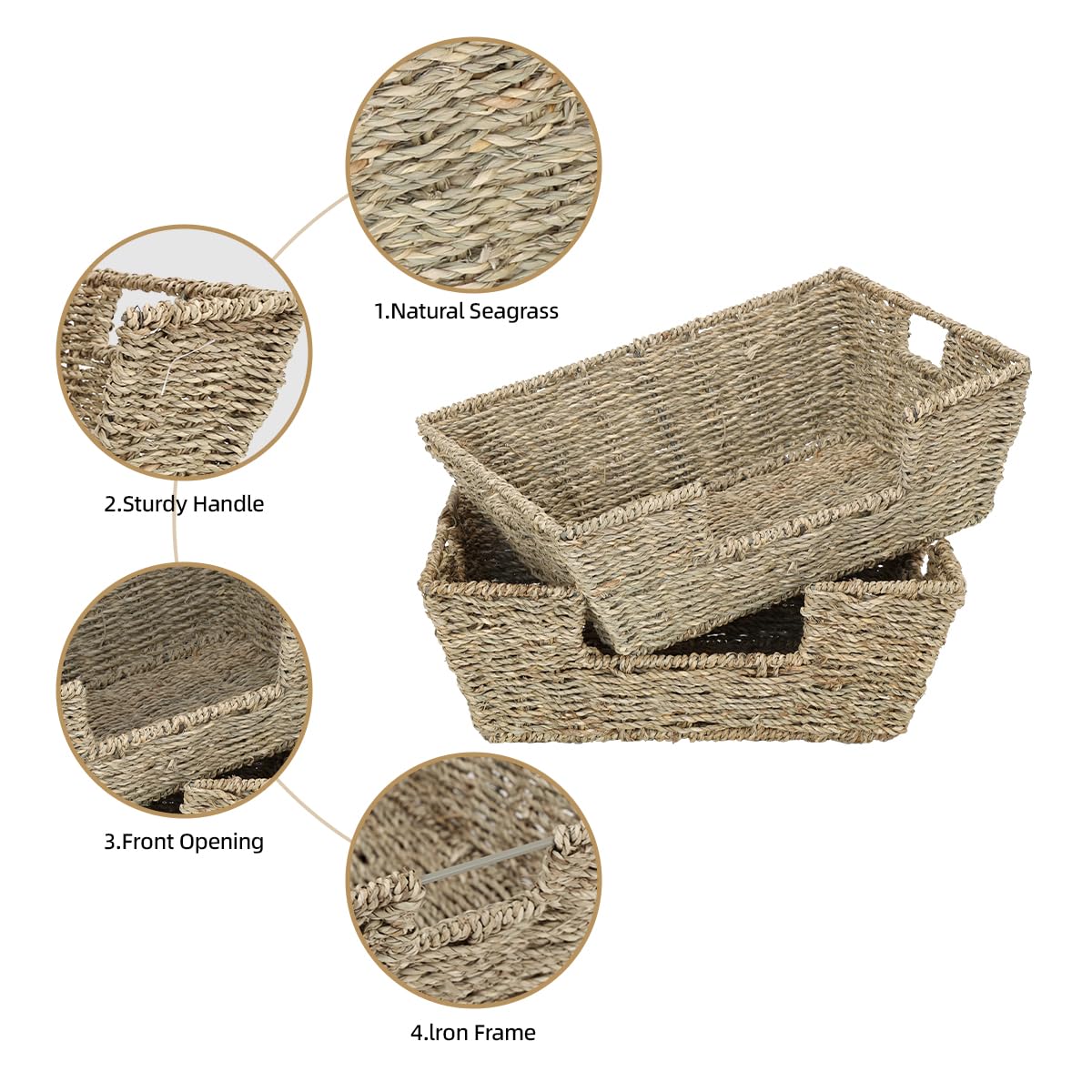 WEAVELYRICS [2-Pack] Seagrass Storage Baskets, Handwoven Trapezoid Baskets, Wicker Baskets with Built-in Handles, Wicker Baskets for Shelves, Counter Organizing, Kitchen, Bathroom or Bedroom