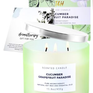 Cucumber Grapefruit Paradise Large Candle - 3 Wick Candle - Highly Scented Candle for Home 15.8 Oz - Natural Soy Candle Long Lasting, Clean Burn - Aromatherapy Stress Relief Candle for Men & Women