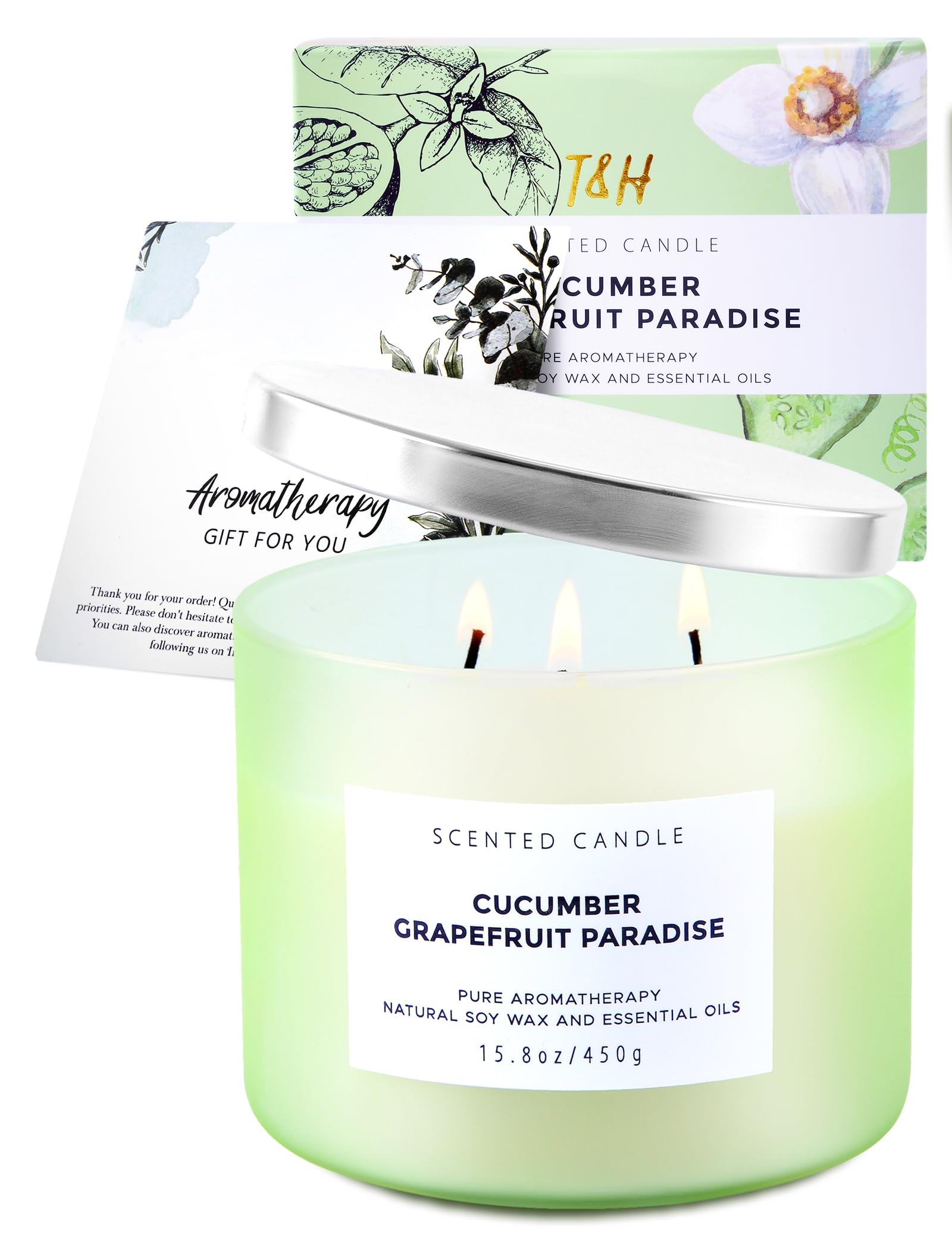 Cucumber Grapefruit Paradise Large Candle - 3 Wick Candle - Highly Scented Candle for Home 15.8 Oz - Natural Soy Candle Long Lasting, Clean Burn - Aromatherapy Stress Relief Candle for Men & Women