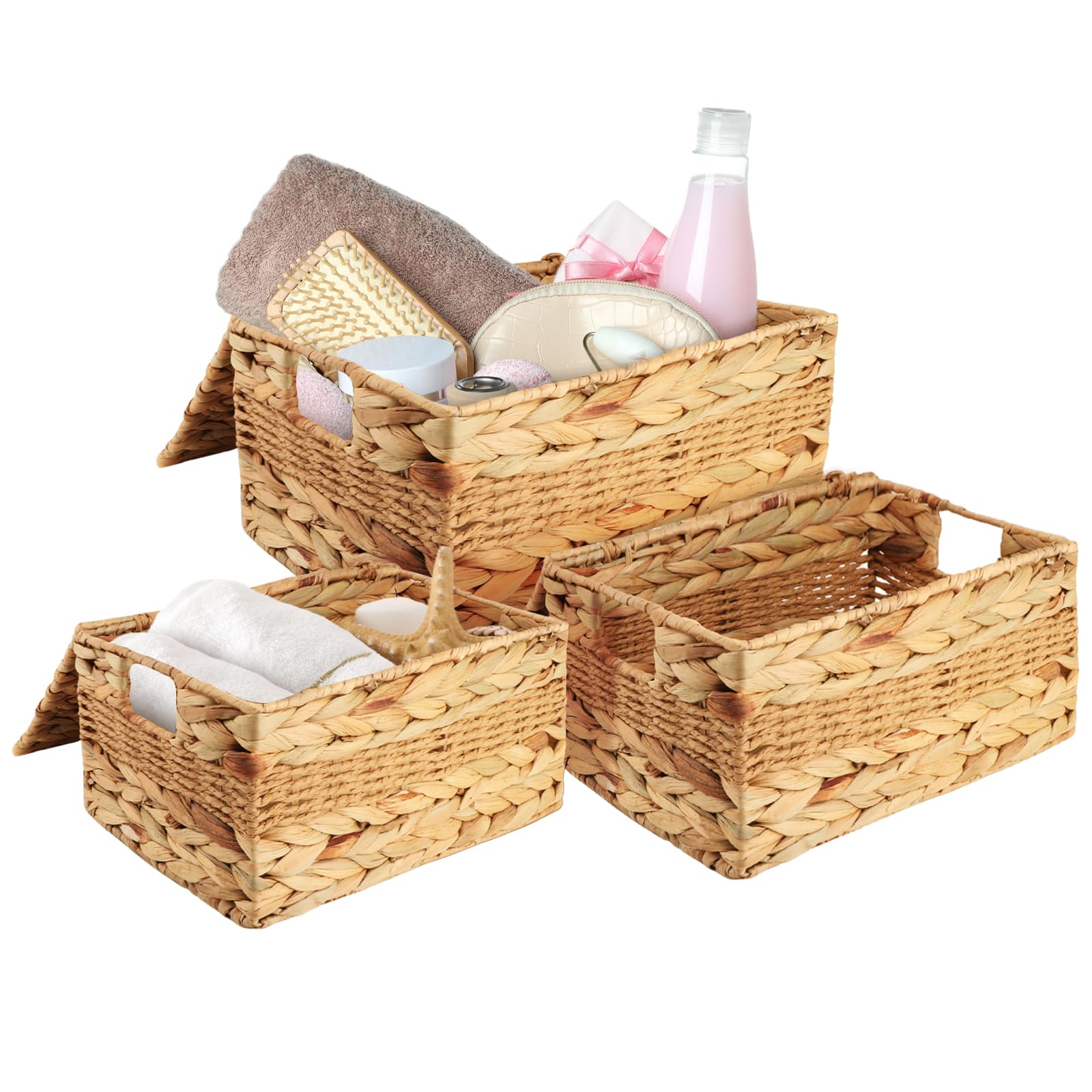 QLoztyse Wicker Baskets for Storage - Water Hyacinth Storage Baskets for Organizing with Built-In Handles and Lids Shelves Handwoven Pantry Basket Rectangular Basket for Shelf Storage - 3 Pack