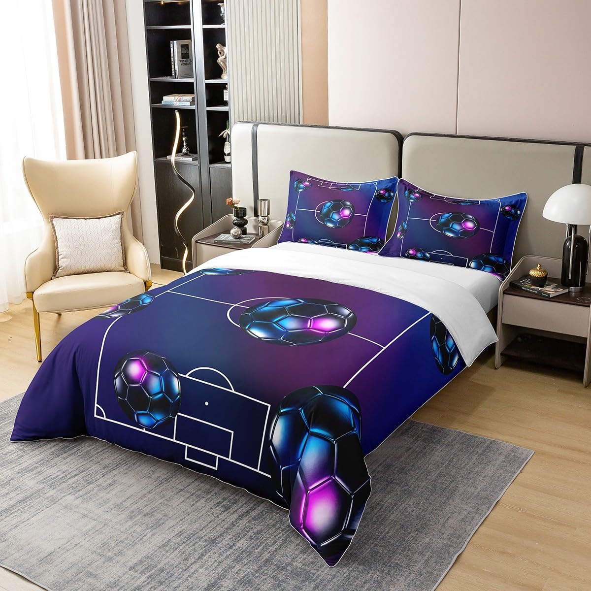 Feelyou Football Duvet Cover 100% Cotton Twin Size Rugby Sports Reversible Bedding Set for Ultra Soft Soccer Ball Game Comforter Cover Set Blue Purple Bedspread Cover Room Decor Bedclothes Zipper