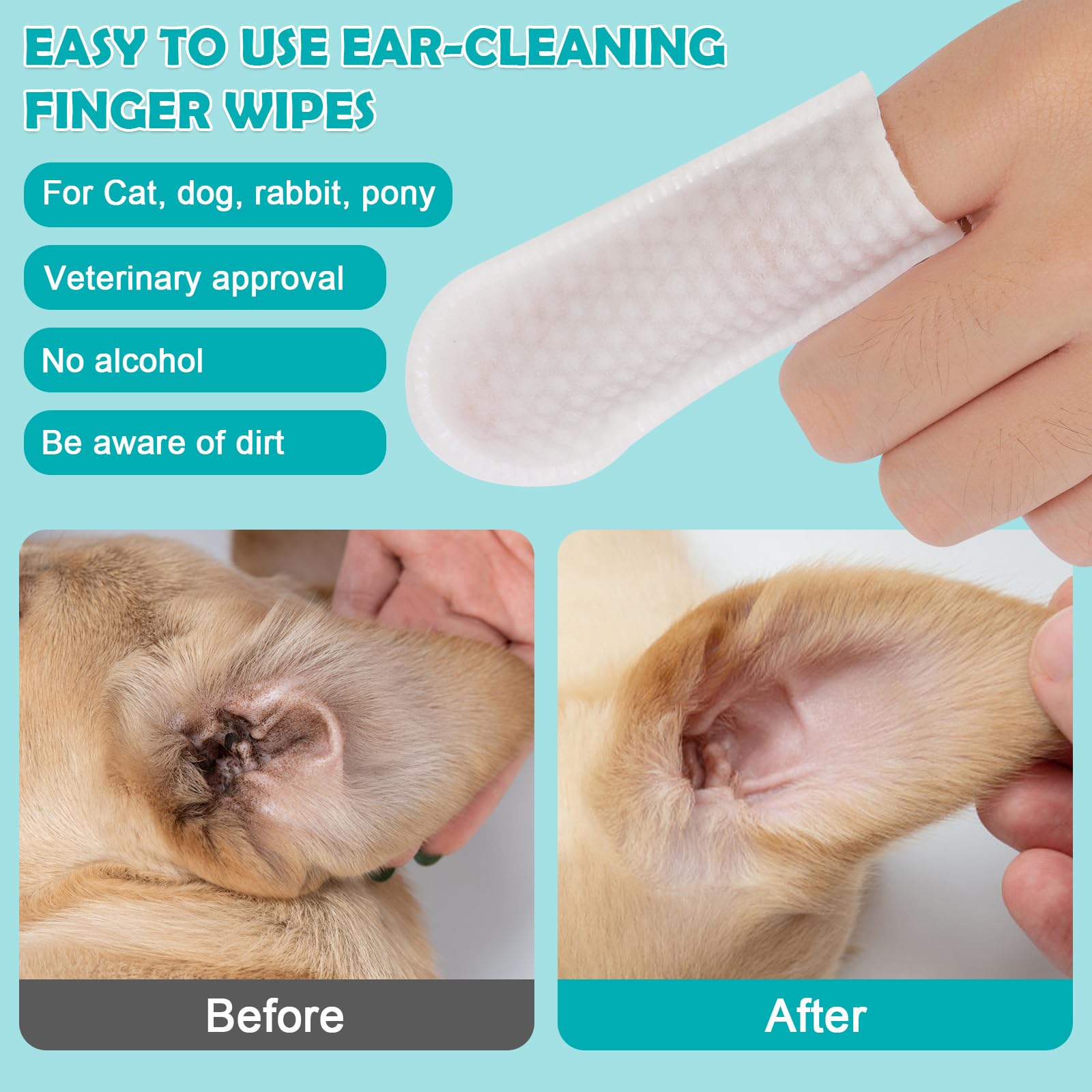 PET Hous Dog Ear Wipes.Ear Cleansing Finger Wipes for Cats & Rabbit | Sooths & Deodorizes |Grooming Kit Care for Pets Ears. 50 Disposable Wipes.