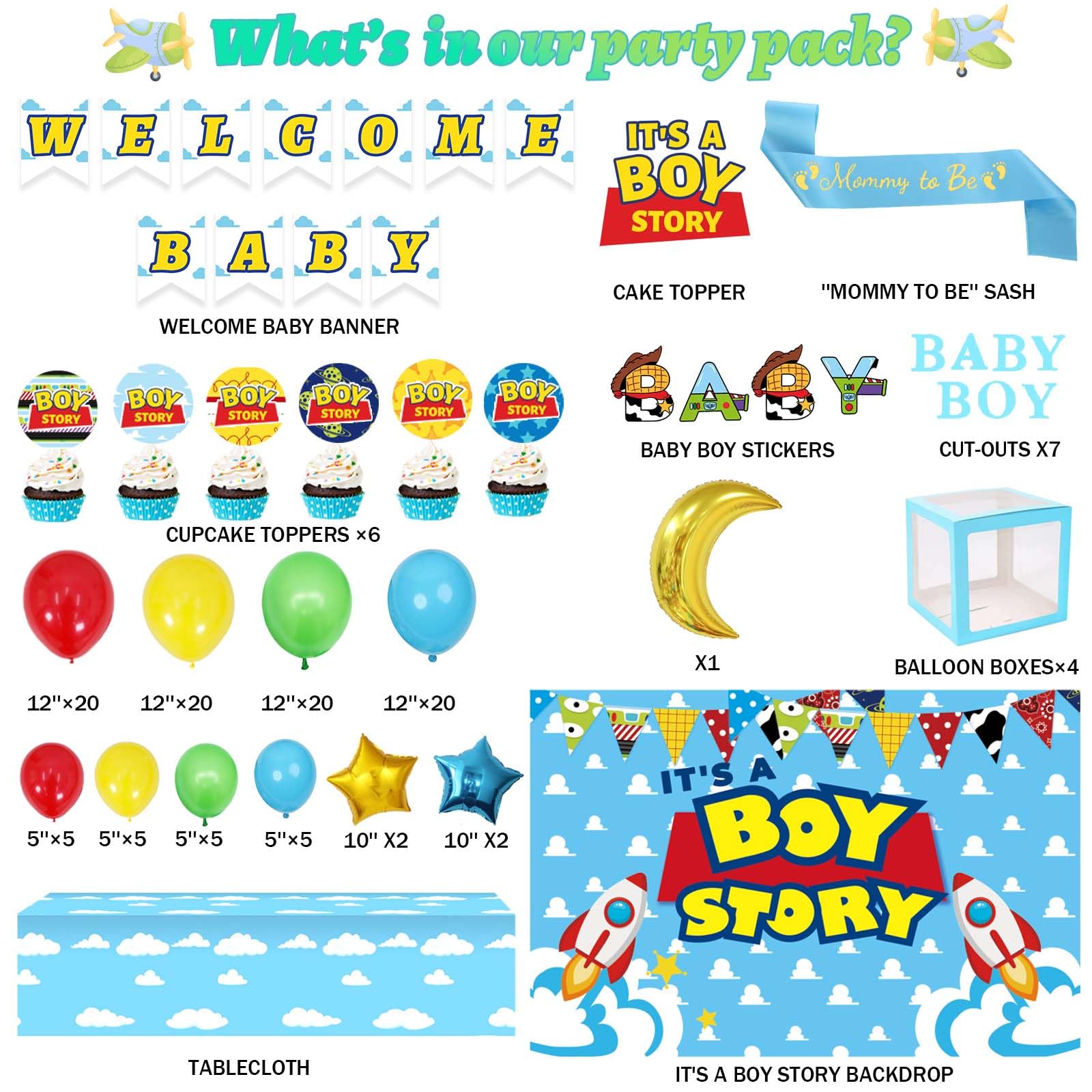 Party Inspo Cartoon Toy Baby Shower Decorations, It’s A Boy Toy Themed Story Decorations for Boy Backdrop Balloon Garland Banner Box Cutout Tablecloth Cake Cupcake Topper, Blue