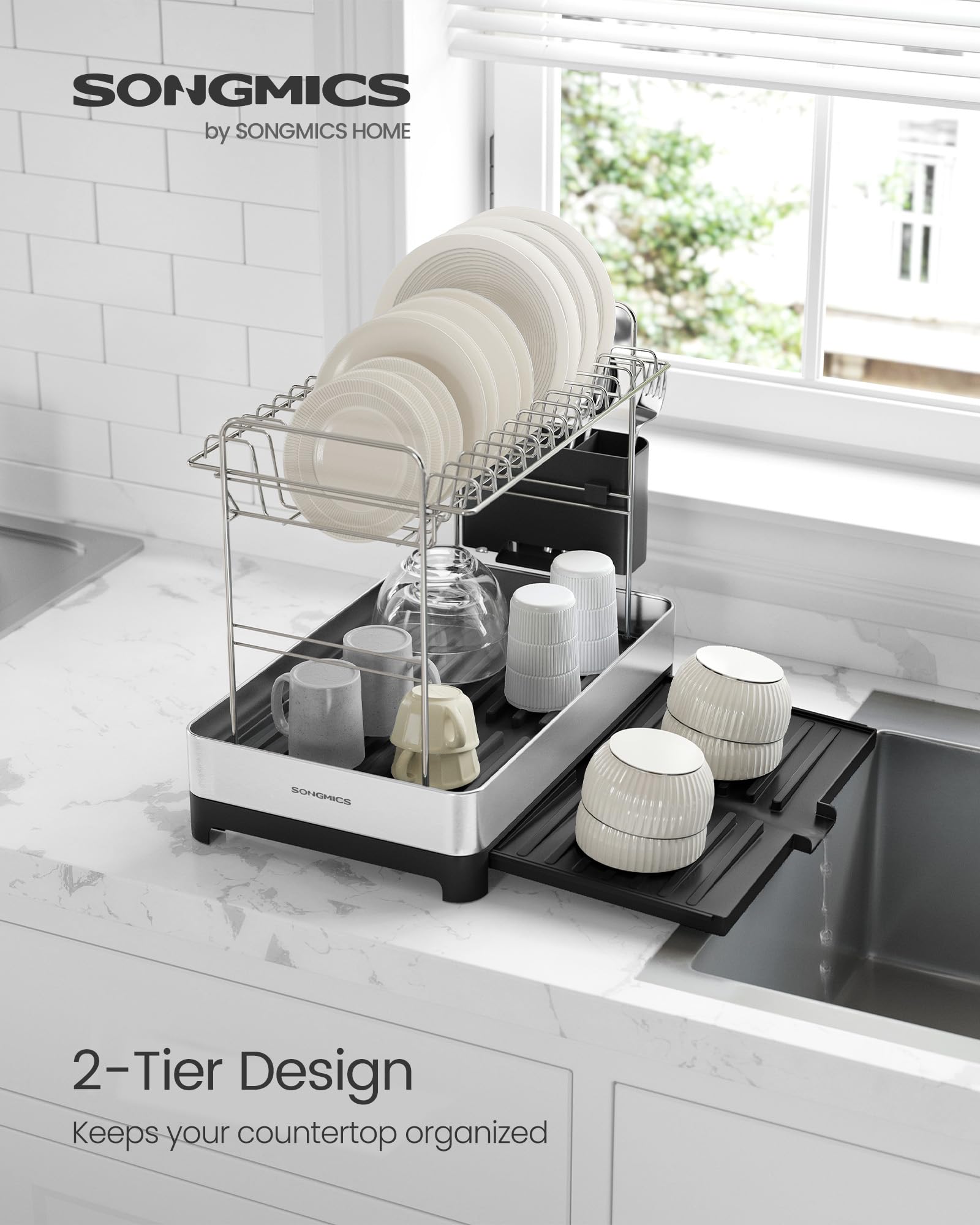 SONGMICS 2-Tier Small Dish Drying Rack, Expandable Dish Dryer for Kitchen Counter, Stainless Steel Dish Rack with Utensil Holder, Rustproof, for Dishes, Knives, Spoons, Forks, Silver Black UKCS036B01