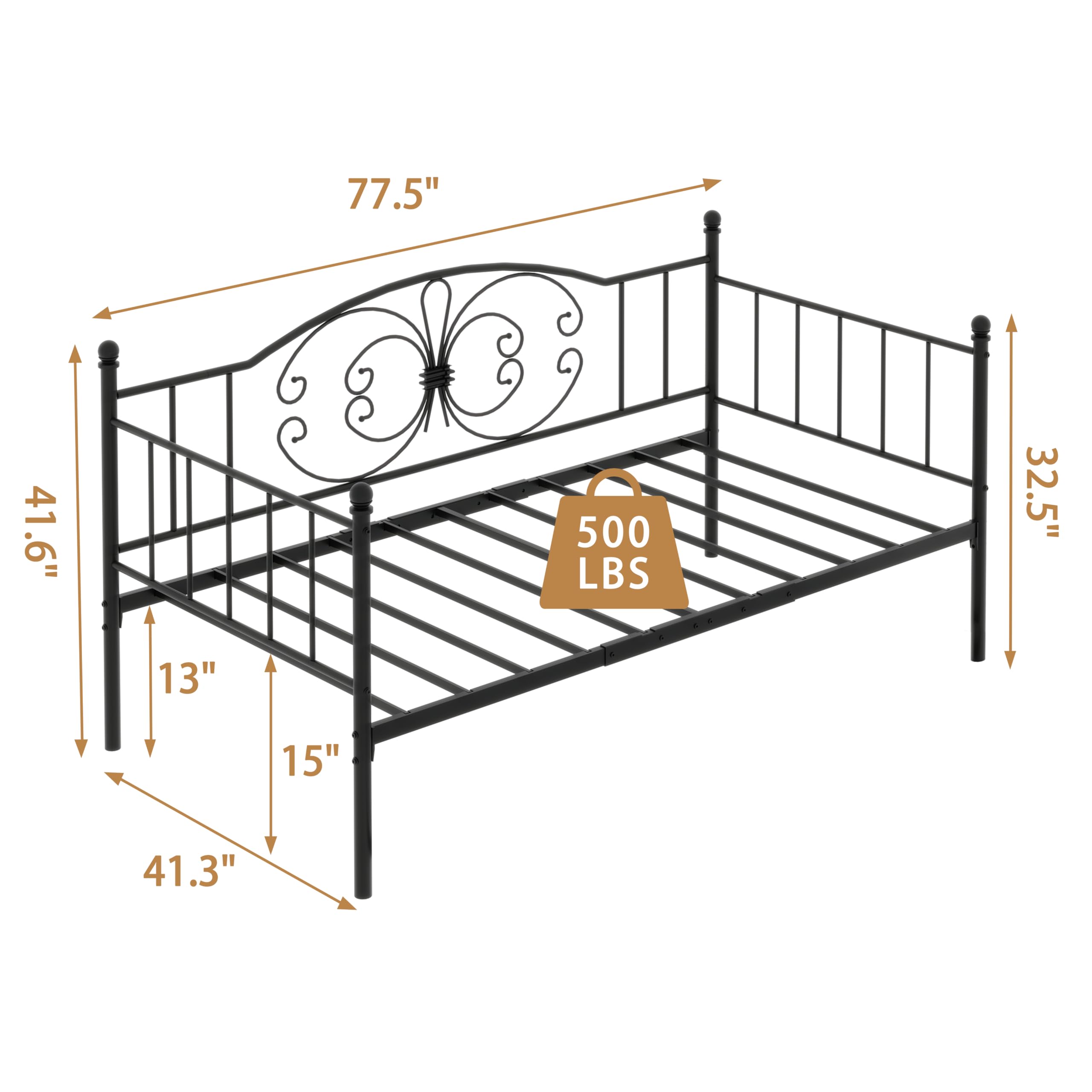 Doletaitan Twin-Daybed-Frame-Victoria-Metal Sofa-Bed - Platform Mattress Foundation with Steel Slat Support for Adult,Multi-Functional Furniture-Black