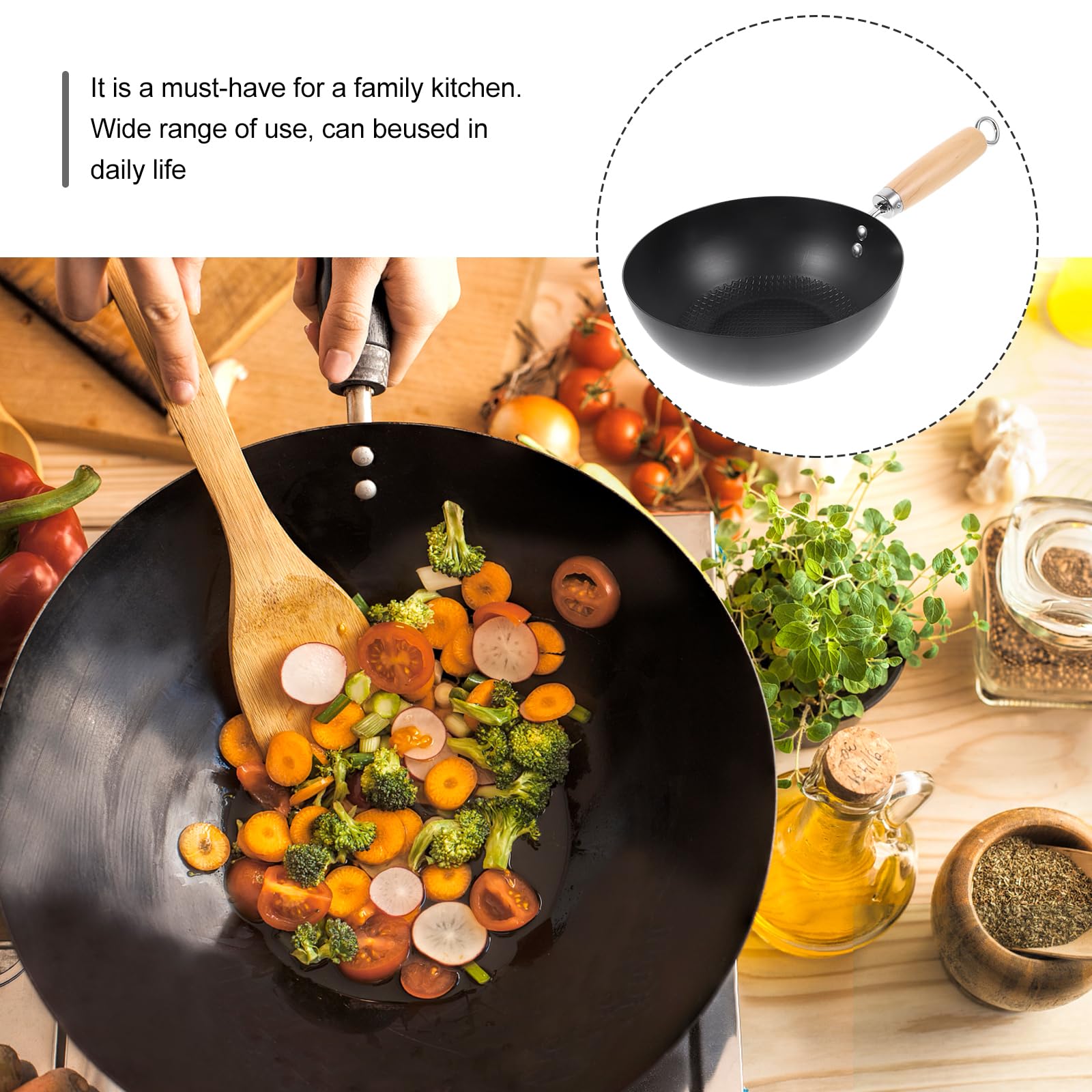 PRETYZOOM Wok Pan Wrought Iron Wok Pan Stir Fry Pan Flat Bottom Chinese Pow Wok Japanese Cookware Nonstick Single Person Wok for Kitchen