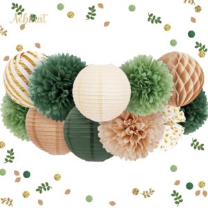 AOBKIAT Wedding Party Decorations,12 PCS Olive Green Paper Lanterns and Pom Poms Flowers for Neutral Baby Shower,Engagement,Birthday,Boho Bridal Showers