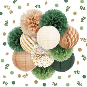 aobkiat wedding party decorations,12 pcs olive green paper lanterns and pom poms flowers for neutral baby shower,engagement,birthday,boho bridal showers