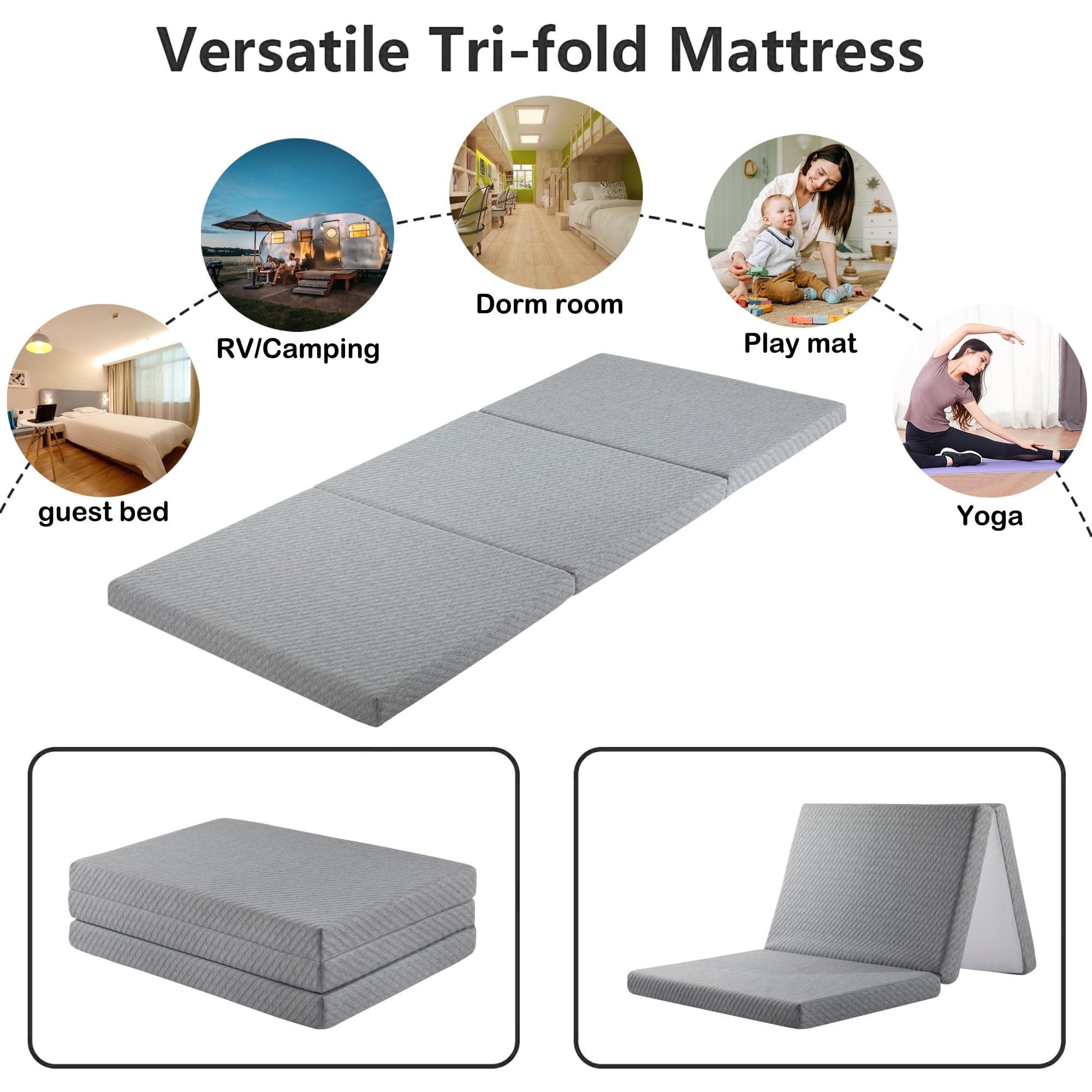 Planet Sleepings Twin Mattress 3 Inch Tri-fold Gel Foam Mattress, Adjustable Softness Relief Back Pain Breathable and Washable Cover, CertiPUR-US