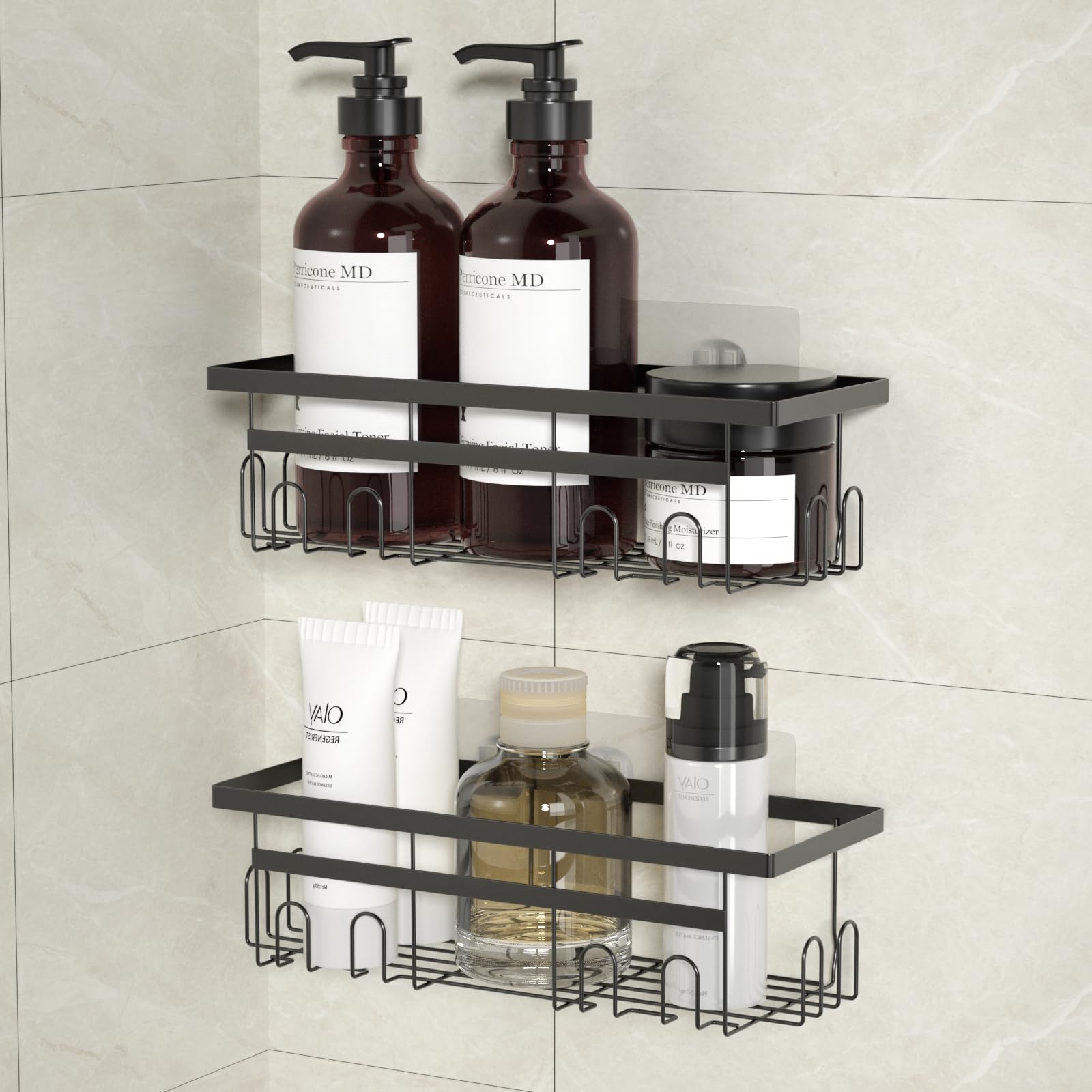 xlimeio Shower Caddy 2 Pack Bathroom Adhesive Shower Organizer Shelves for Inside Decor Stainless Steel Shower Storage No Drilling Shower Rack for Home Kitchen RV Accessories (Black)