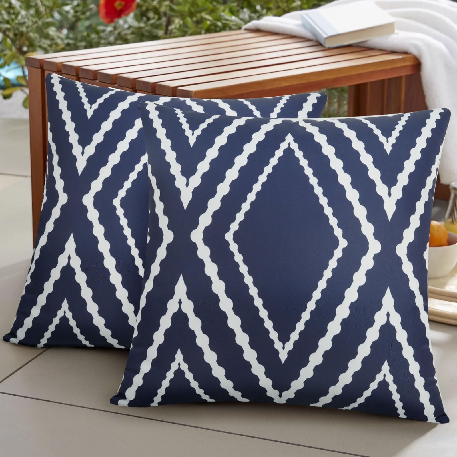 Adabana Outdoor Waterproof Throw Pillow Covers Set of 2 Boho Geometric Pillows Cover for Patio Garden 18 x 18 Inch Navy Blue