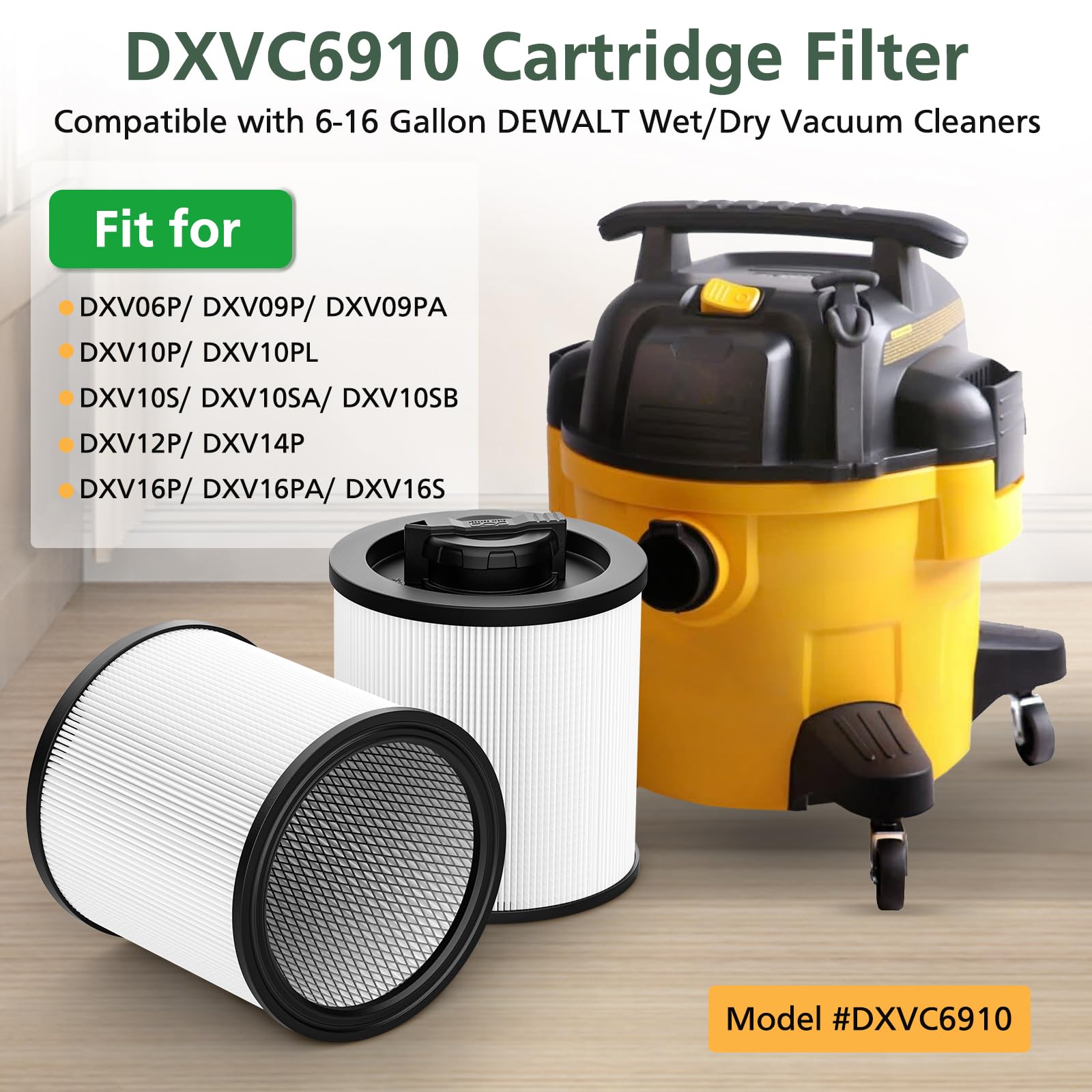 2 Pack DXVC6910 Cartridge Filter Replacement for DEWALT 6-16 Gallon Wet/Dry Vac, Compatible with DeWalt DXV06P DXV09P DXV10P DXV10PL DXV10SA DXV12P DXV14P DXV16P, White