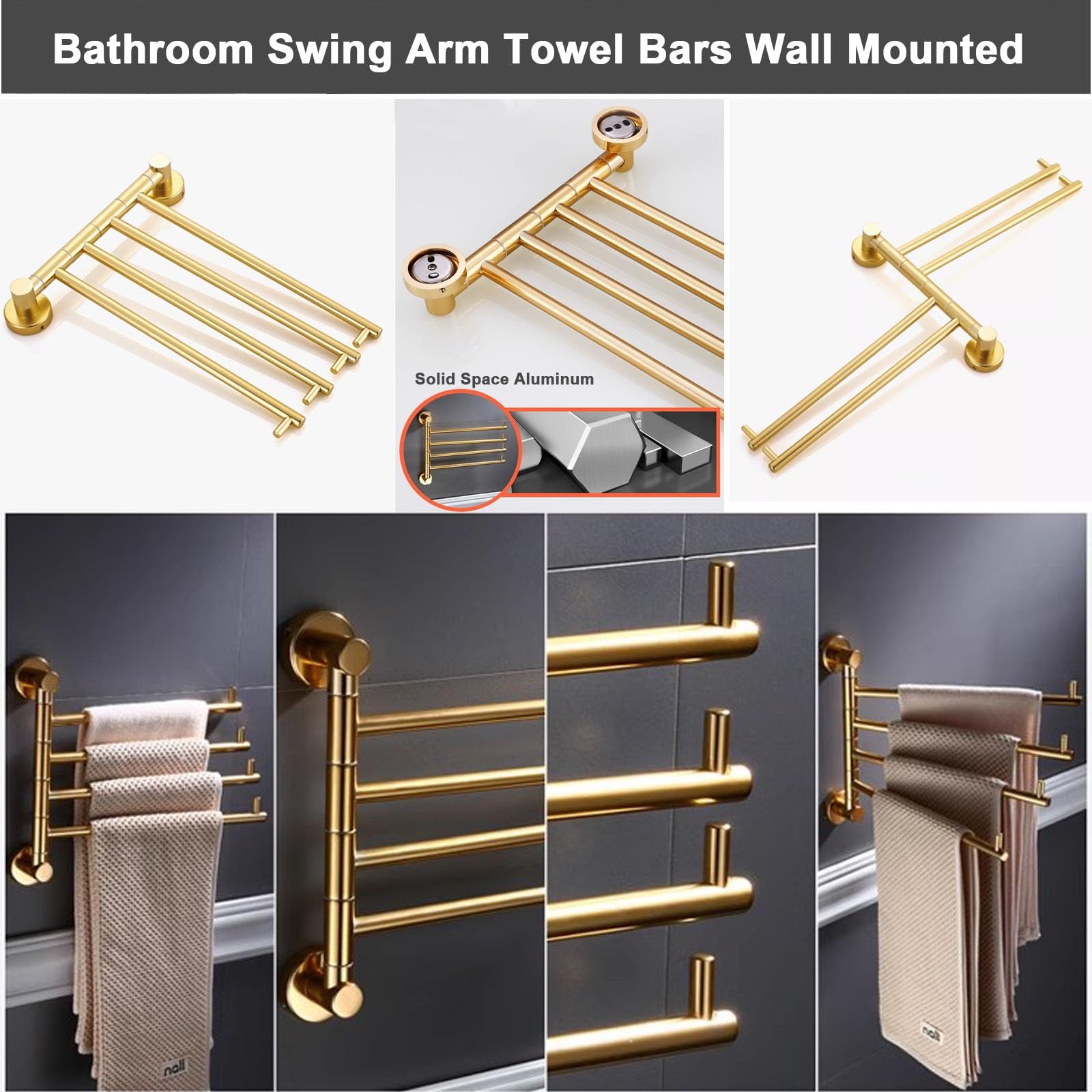 Swivel Gold Bathroom Towel Holder,Swing Out Towel Racks for Bathroom Kitchen,Wall Mount Drying Racks for Laundry,Rustproof Solid Aluminium Towel Hanger Storage Organizer Space Saving Towel Rails (Col