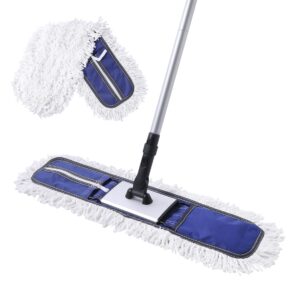 cleanhome 24" commercial dust mop for floor cleaning, heavy duty duster floor mop with 59” extendable long handle,hotel gym garage hospital household cleaning supplies for hardwood,marble floors,blue