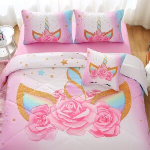 Keyroal 6Pcs Queen Comforter Set with Sheet,Unicorn Flower Bedding Set for Kids,Pink Rainbow Bed in a Bag Bedding for Girls-Smile Unicorn