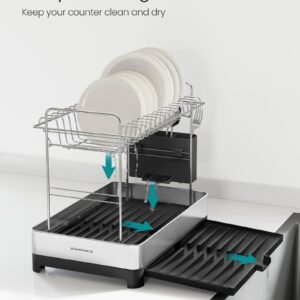 SONGMICS 2-Tier Small Dish Drying Rack, Expandable Dish Dryer for Kitchen Counter, Stainless Steel Dish Rack with Utensil Holder, Rustproof, for Dishes, Knives, Spoons, Forks, Silver Black UKCS036B01