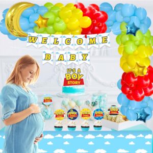 Party Inspo Cartoon Toy Baby Shower Decorations, It’s A Boy Toy Themed Story Decorations for Boy Backdrop Balloon Garland Banner Box Cutout Tablecloth Cake Cupcake Topper, Blue