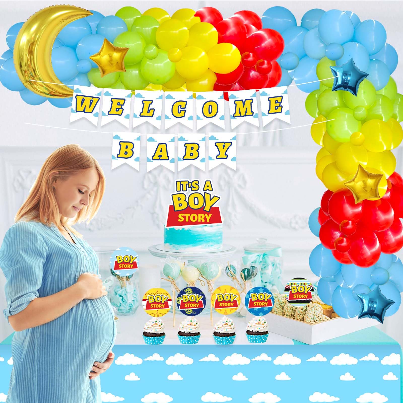 Party Inspo Cartoon Toy Baby Shower Decorations, It’s A Boy Toy Themed Story Decorations for Boy Backdrop Balloon Garland Banner Box Cutout Tablecloth Cake Cupcake Topper, Blue