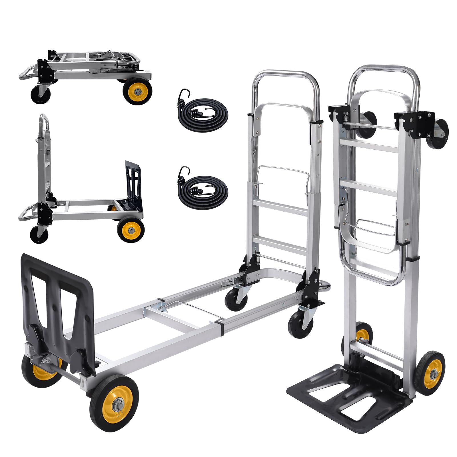 Oyoest Aluminium Folding Hand Truck Heavy Duty 440lbs Capacity 2 in 1 Convertible Hand Truck Dolly with Pneumatic Wheels and Telescoping Handles, Portable Dolly Cart with Bungee Cords for Moving