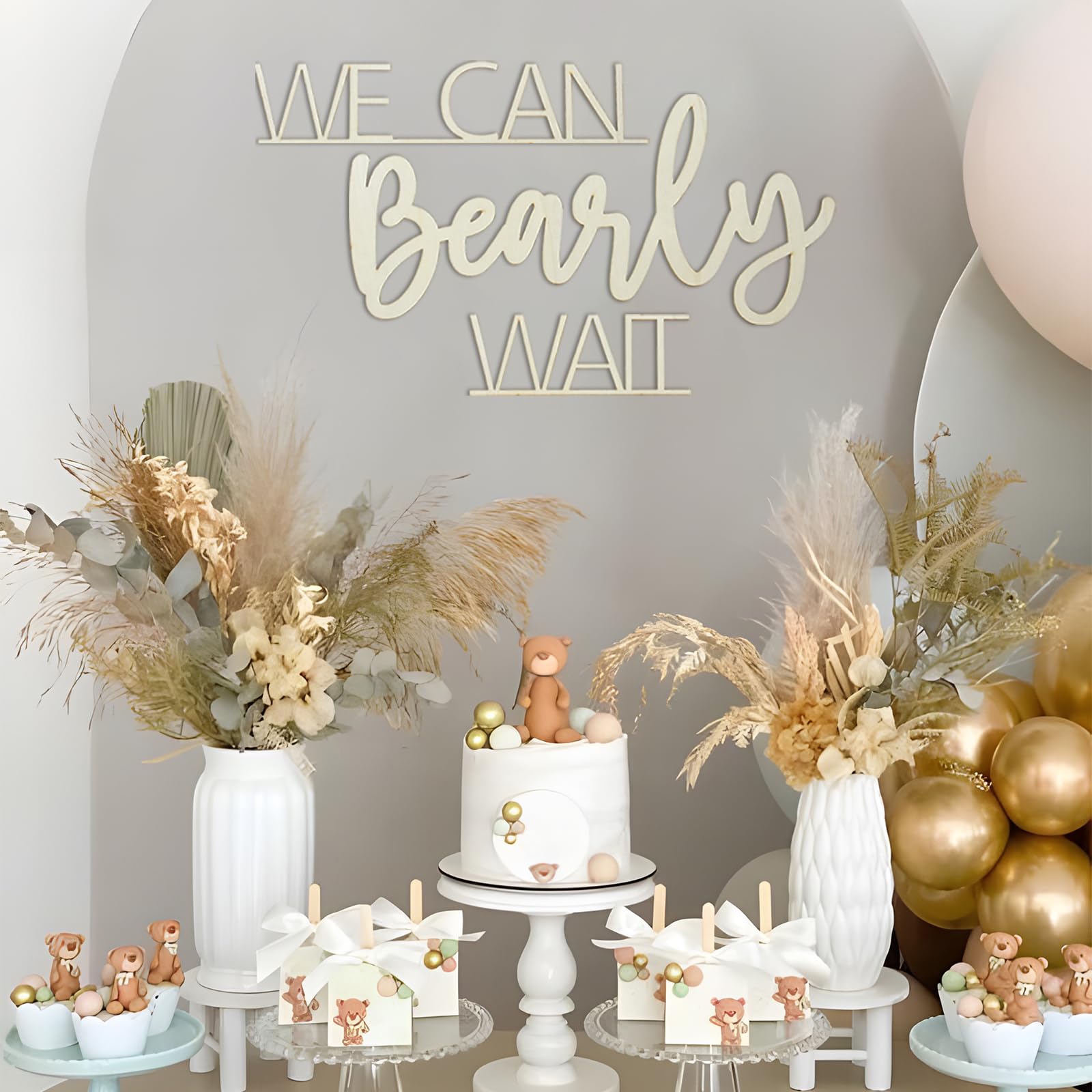 We Can Bearly Wait Sign for Teddy Bear Baby Shower Decoration Backdrop,Baby Boy Girl Gender Reveal Backdrop,Baby Announcements Photo Props(Wooden)