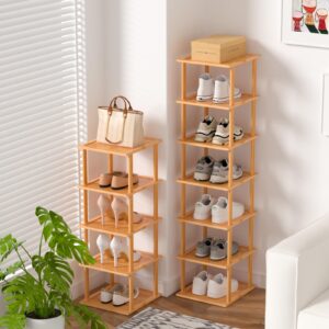 MHXW SXPN Bamboo Free Standing Shoe Rack Shelf, 7 Tier Tall Wooden Stackable Shoes Rack Organizer for Closet, Front Door Entrance, Narrow Vertical Shoe Storage Rack for Entryway (Nature, 12-Tier)