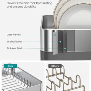 SONGMICS 2-Tier Small Dish Drying Rack, Expandable Dish Dryer for Kitchen Counter, Stainless Steel Dish Rack with Utensil Holder, Rustproof, for Dishes, Knives, Spoons, Forks, Silver Gray UKCS036G01