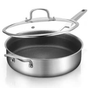 saute pan with lid 5 quarts,12.5 inch 18/10 tri-ply nonsitck large frying pan, up to 600℉ full clad stainless steel 3 layer deep frying pan with stay cool handle, dishwasher and metal utensil safe