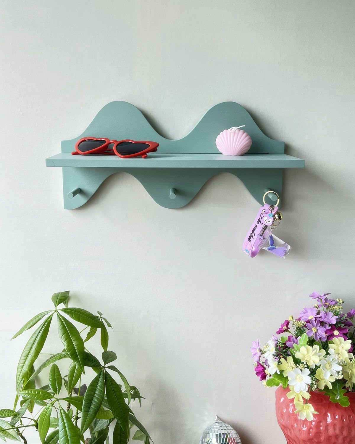 cozifycasa Floating Shelves for Wall Shelf with Hooks Key Holder Purse Rack Hanger Wood Small Cute Shelf for Bathroom Bedroom Game Room (sage Green)