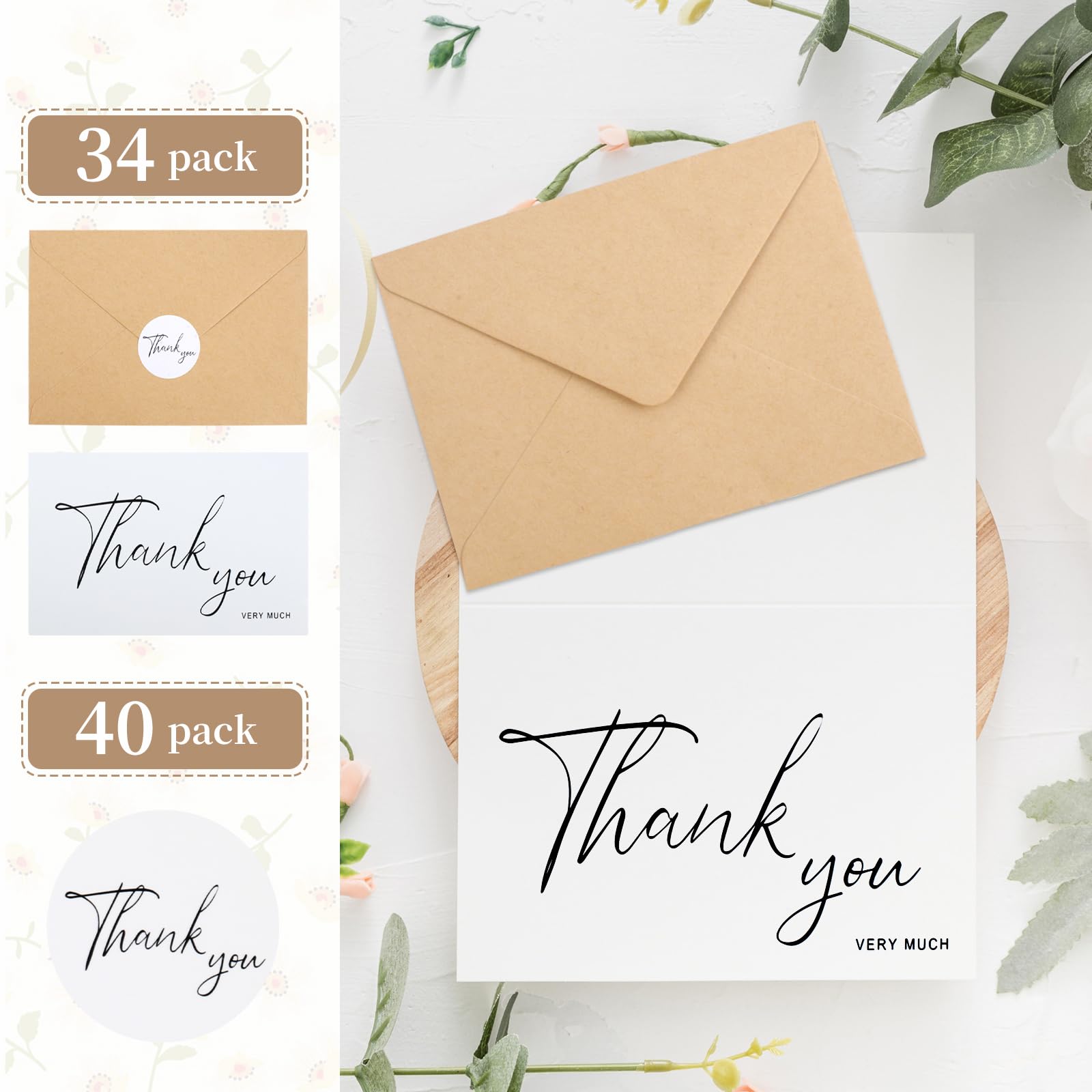 Joyberg Thank You Cards With Envelopes 34 pack, 4x6 Inch White Thank You Envelopes are Suitable for Weddings, Graduations, Funerals and Other Occasions.