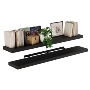 wallniture ronda 60 inch floating shelf, wall shelves for living room, floating bookshelves for wall, hanging shelves for bedroom, kitchen storage, black shelf, 2 pcs