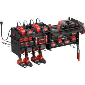 cccei power tools organizers with charging station. drills and battery holder wall mount with cabinet storage. garage rack shelf with power strip. gifts for men, father.