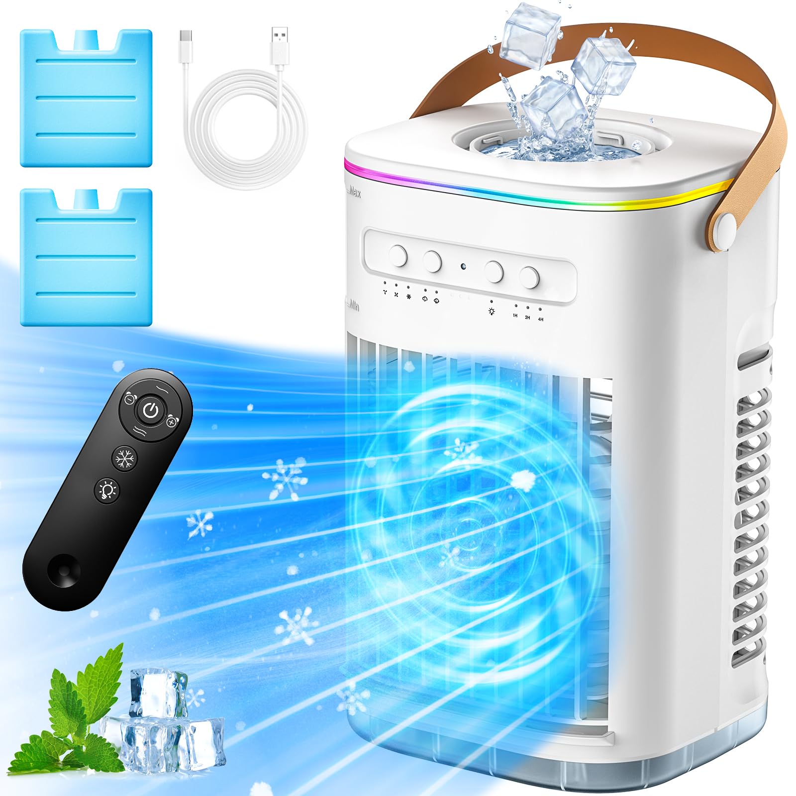 TEMEIKE 4-IN-1 Personal Air Conditioner w/Remote, 2 Ice Packs, 1200ML Tank, 7H Timer for Smart Auto-Off,2 Cool Mist,3-Speed Small Portable Air Conditioner, 7-LED Light Evaporative Air Cooler for Room