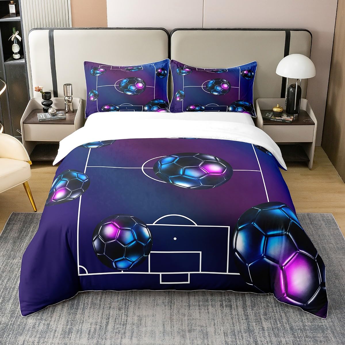 Feelyou Football Duvet Cover 100% Cotton Twin Size Rugby Sports Reversible Bedding Set for Ultra Soft Soccer Ball Game Comforter Cover Set Blue Purple Bedspread Cover Room Decor Bedclothes Zipper